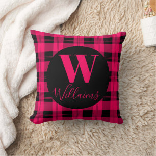 Modern Plaid Family Name Hot Pink Black Throw Pillow