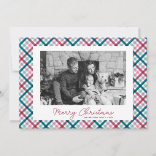 Modern Plaid Family Photo Merry Christmas Holiday Card