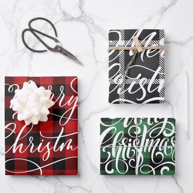 Modern Plaid Gingham Merry Christmas Holiday Wrapping Paper Sheet (Front)