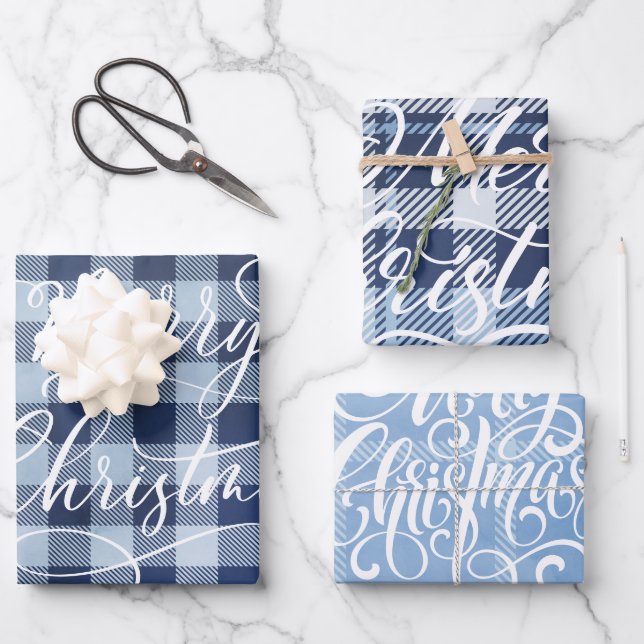 Modern Plaid Gingham Merry Christmas Holiday Wrapping Paper Sheet (Front)