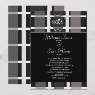 Modern Plaid Grey Black White Ring Logo Wedding Invitation