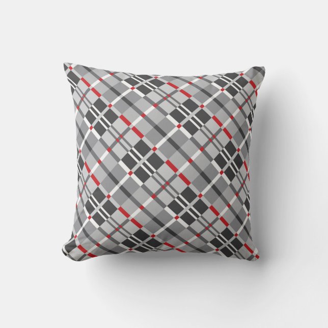 Modern Plaid in Shades of Grey with Red Throw Pillow (Front)