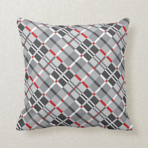 Modern Plaid in Shades of Grey with Red Throw Pillow