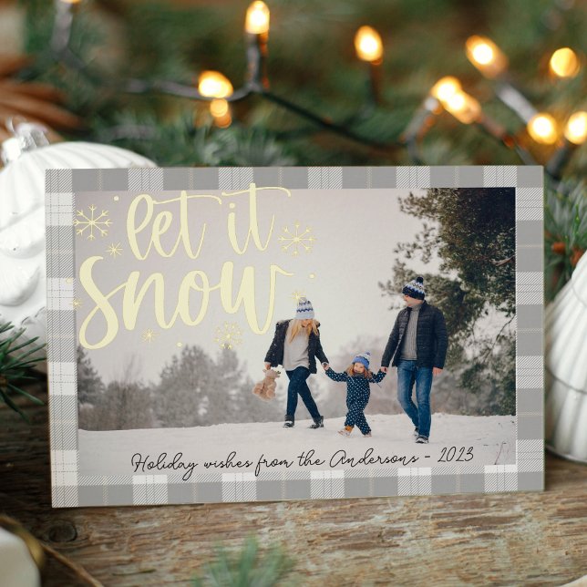Modern Plaid Let It Snow Photo Foil Holiday Card (Creator Uploaded)