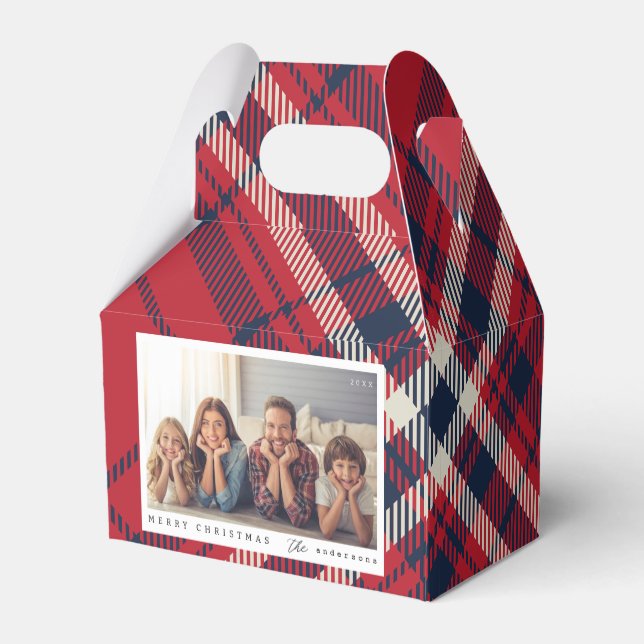 Modern Plaid Merry Christmas Custom Family Photo Favor Box (Back Side)