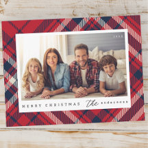 Modern Plaid Merry Christmas Custom Family Photo