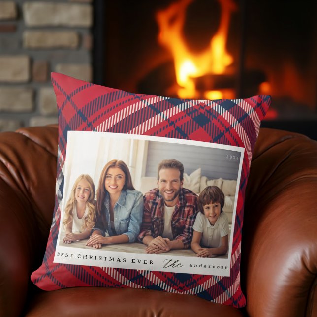 Modern Plaid Merry Christmas Custom Family Photo Throw Pillow (Creator Uploaded)