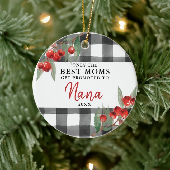 Modern Plaid Mom Promoted To Nana Personalized Ceramic Ornament (Tree)