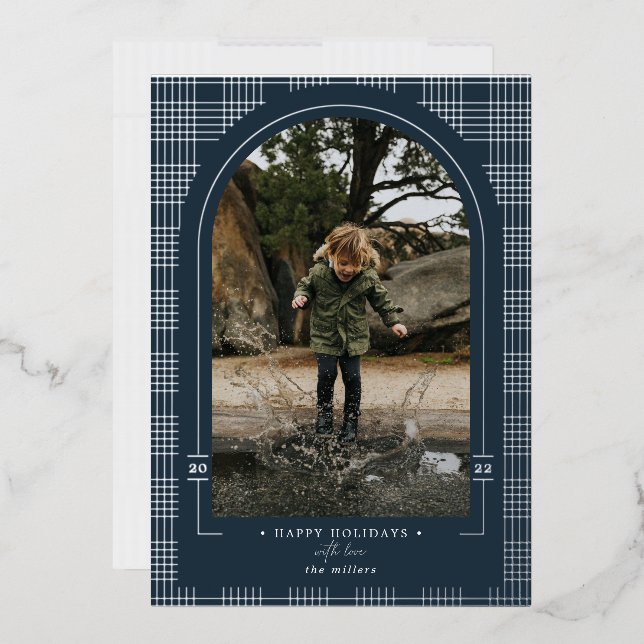 Modern Plaid Navy & Silver Foil Holiday Card (Envelope)