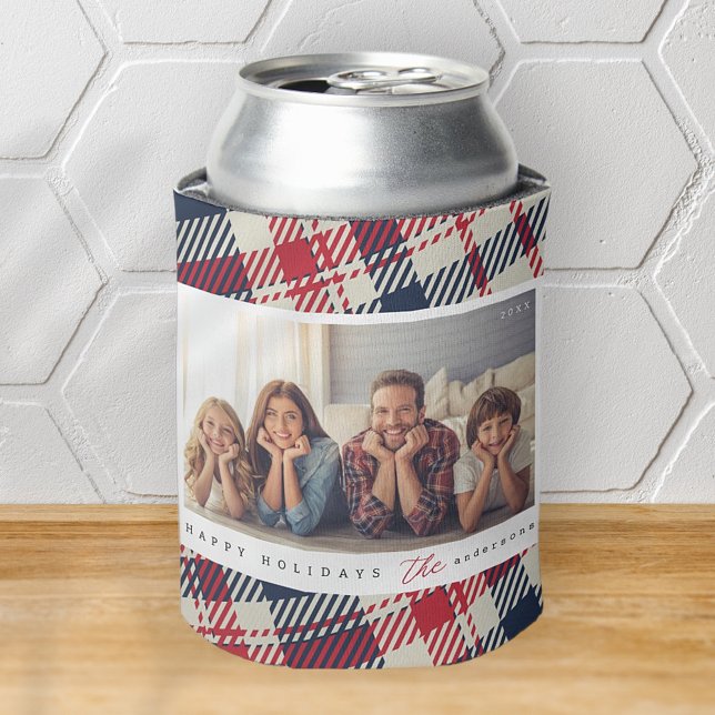 Modern Plaid Pattern Christmas Custom Family Photo Can Cooler (Creator Uploaded)