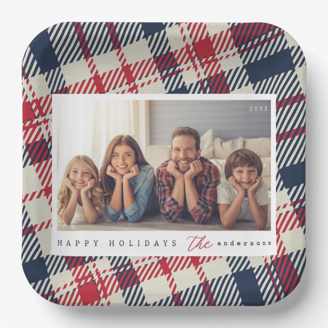Modern Plaid Pattern Christmas Custom Family Photo Paper Plate (Front)