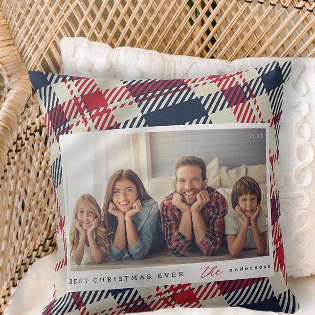 Modern Plaid Pattern Christmas Custom Family Photo Throw Pillow (Creator Uploaded)