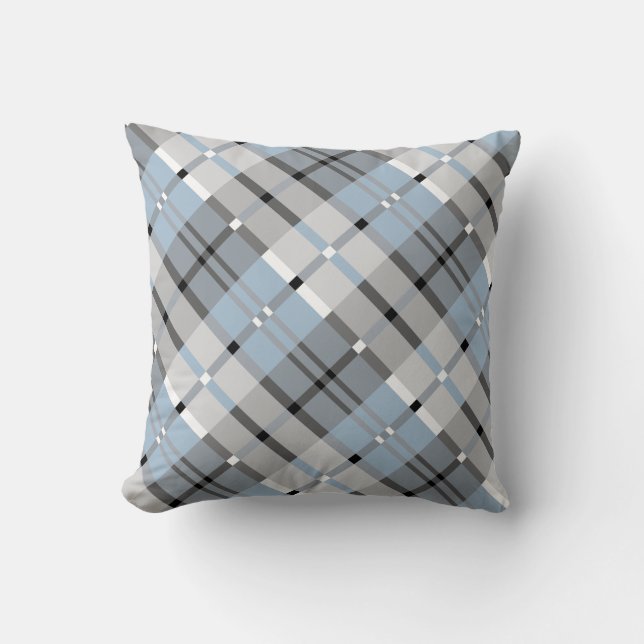 Modern Plaid Pattern in Grey and Sky Blue Throw Pillow (Front)