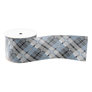 Modern Plaid Pattern Light Blue and Grey Grosgrain Ribbon