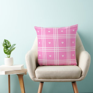 Modern Plaid Pink Heart Collection Throw Pillow