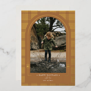 Modern Plaid Rust Terracotta Gold Foil Holiday Card