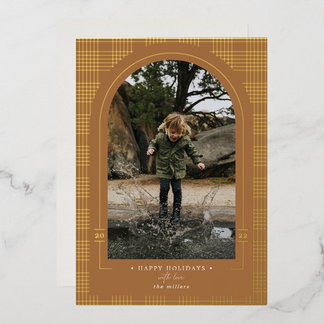 Modern Plaid Rust Terracotta Gold Foil Holiday Card (Front/Back)