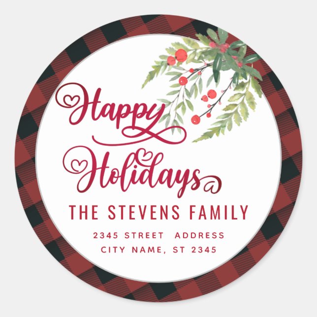 Modern plaid script Happy Holidays red holly Classic Round Sticker (Front)