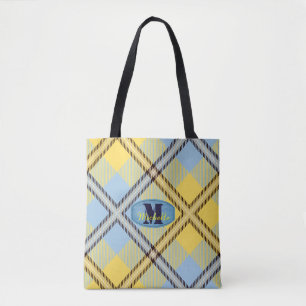 Modern Plaid Tartan Jeans Monogram Script Name Tote Bag