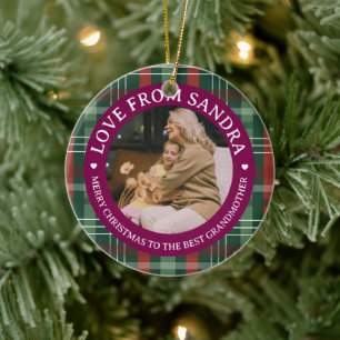 Modern Plaid Wreath Grandmother Photo Christmas Ceramic Ornament