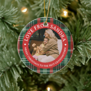 Modern Plaid Wreath Grandmother Photo Christmas Ceramic Ornament