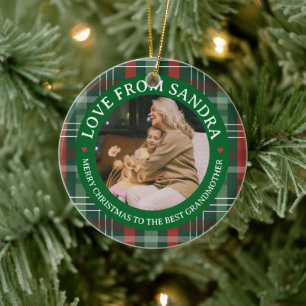 Modern Plaid Wreath Grandmother Photo Christmas Ceramic Ornament