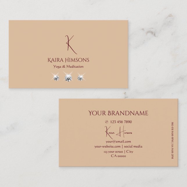 Modern Plain Beige with Monogram and Luxe Jewels Business Card (Front/Back)