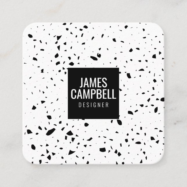 Modern plain black white terrazzo marble pattern square business card (Front)
