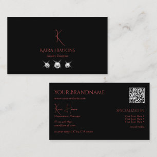 Modern Plain Black with Monogram QRCode & Diamonds Business Card