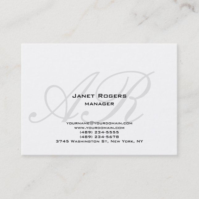 Modern plain chubby modern white grey monogram business card (Front)