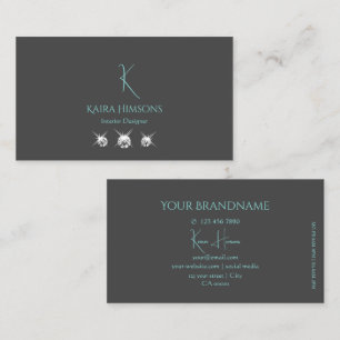Modern Plain Grey Teal with Monogram and Jewels Business Card