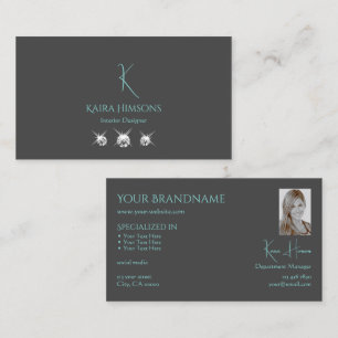 Modern Plain Grey with Monogram Photo and Jewels Business Card