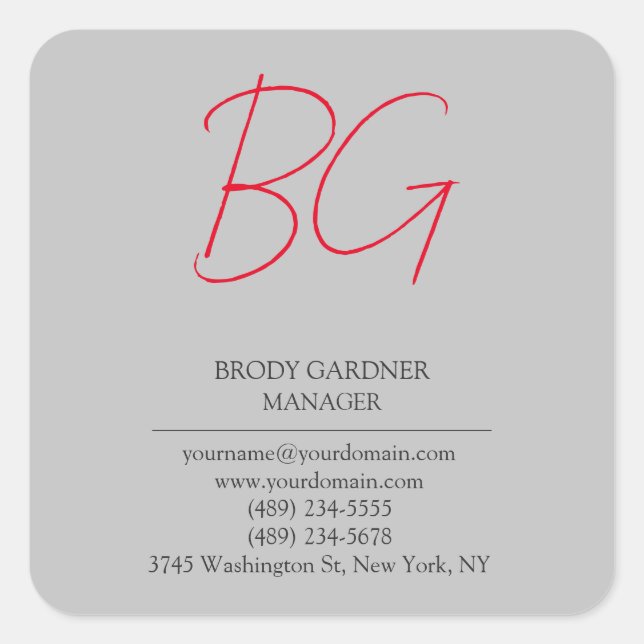 Modern plain minimalist grey red monogram initials square sticker (Front)