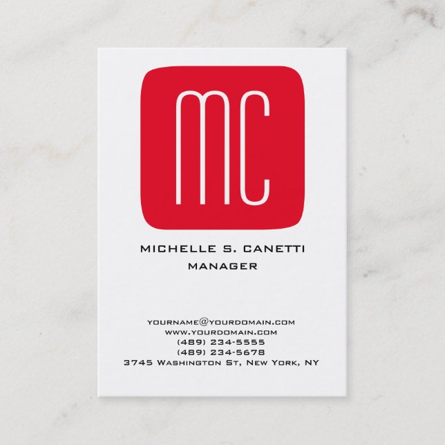 Modern plain minimalist red white monogram business card (Front)