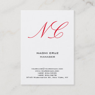 Modern plain minimalist white red monogram business card