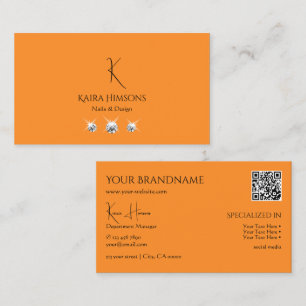 Modern Plain Orange with Monogram QR Code & Jewels Business Card