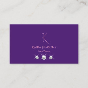 Modern Plain Royal Purple with Monogram and Jewels Business Card
