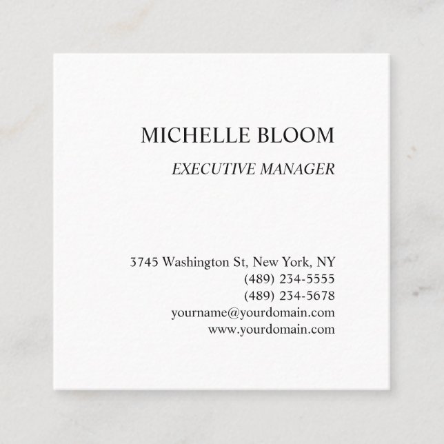 Modern Plain Simple Minimalist White Square Business Card (Front)