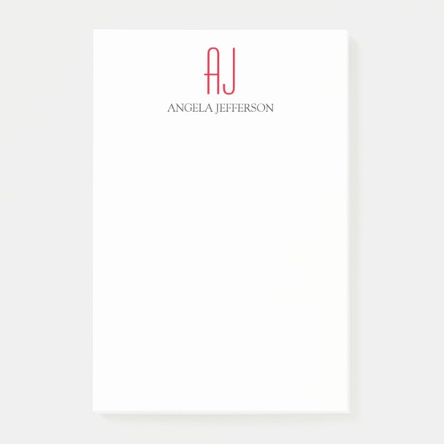 Modern plain simple white red monogram post-it notes (Front)