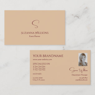 Modern Plain Tan Beige with Monogram and Photo Business Card