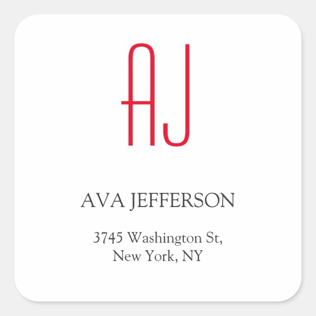 Modern plain vertical simple white red monogram square sticker (Front)