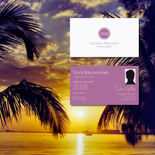 Modern Plain White Lilac with Logo and Photo Chic Business Card