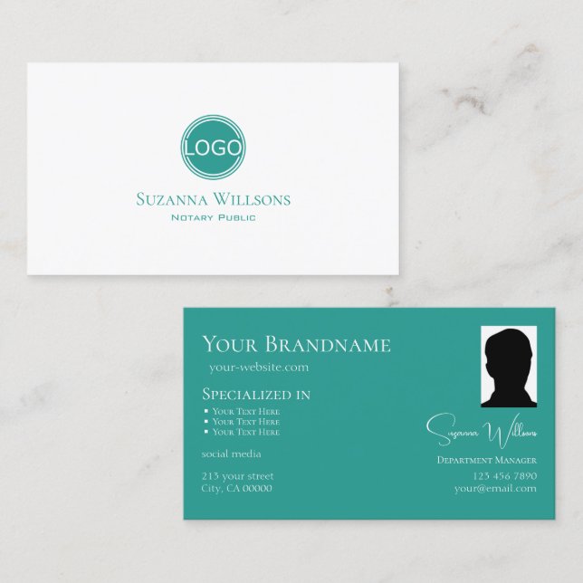 Modern Plain White Teal Circle with Logo and Photo Business Card (Front/Back)