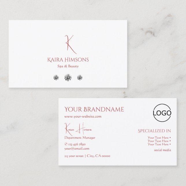 Modern Plain White with Monogram Logo and Diamonds Business Card (Front/Back)