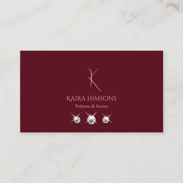 Modern Plain Wine Red with Monogram and Jewels Business Card (Front)