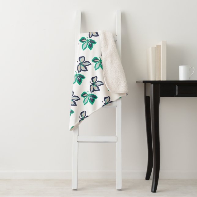 Modern Plant Leaf Flora Pattern White Sherpa Blanket (In Situ)