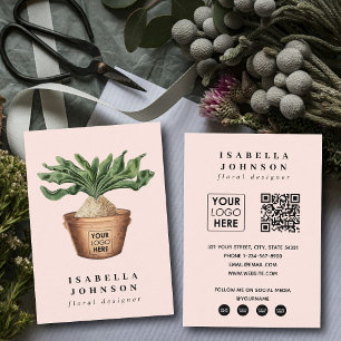Modern Plant Logo Pink QR Code Social Media Business Card