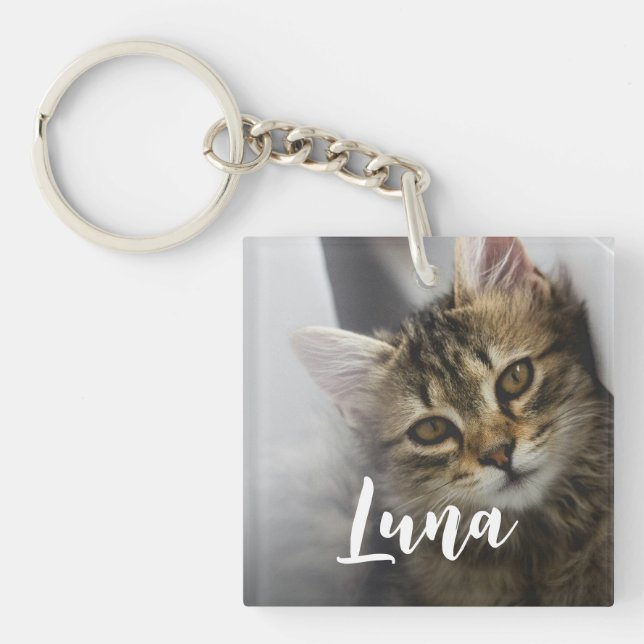 Modern Playful Chic Cat Photo Name Keychain (Front)