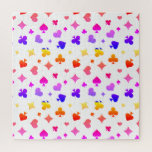 Modern Playing Card Suits Pattern Jigsaw Puzzle<br><div class="desc">Bold seamless pattern featuring colorful classic playing card suit symbols hearts,  spades,  clubs,  and diamonds. A playful and modern design perfect for textiles,  wallpaper,  gaming-themed décor,  and fun craft projects.</div>