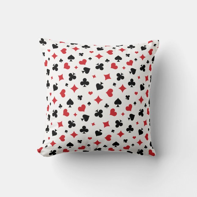 Modern Playing Card Suits Pattern on White Throw Pillow (Front)